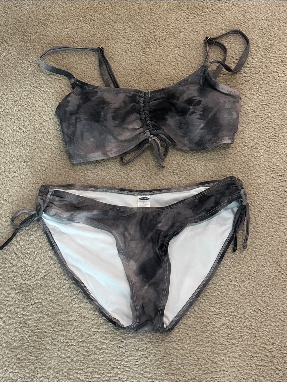 Old Navy Gray Tie-Dye Bikini Set - Adjustable Ruched Top & Side-Tie Bottoms